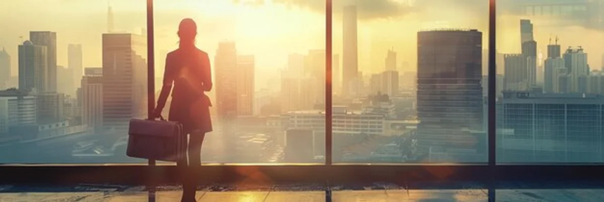 business woman career growth city skyline sunrise