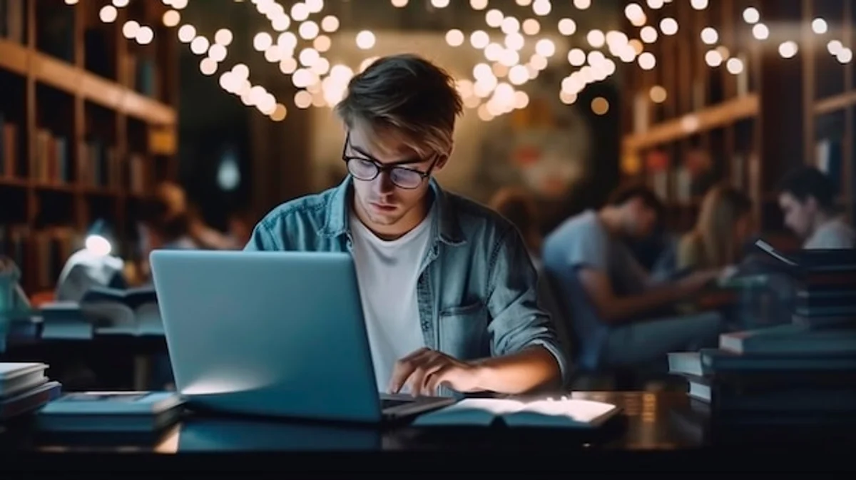 student studying with laptop and AI interface