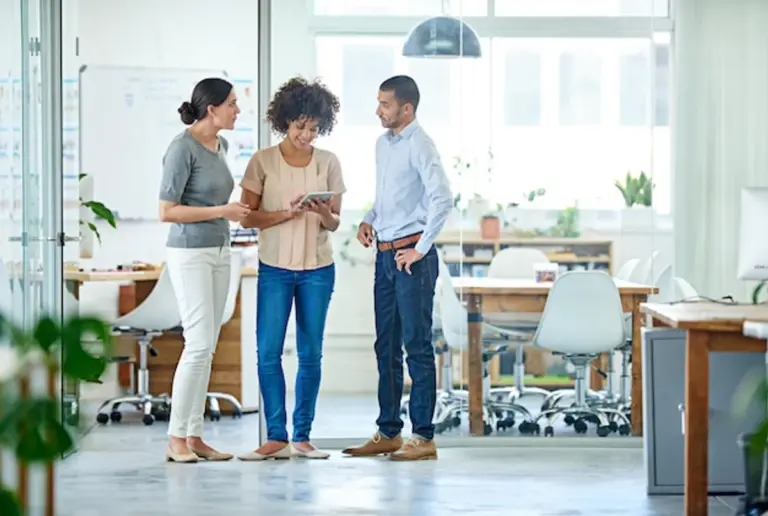 diverse professionals networking modern german office