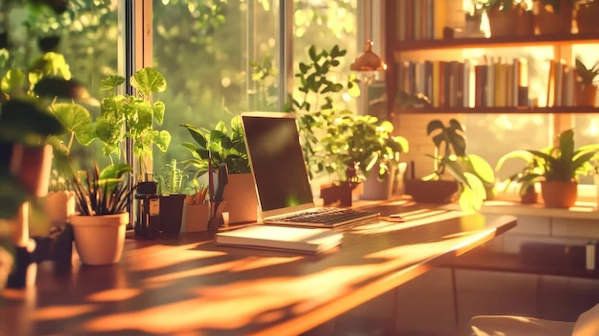 remote work workspace plants natural light