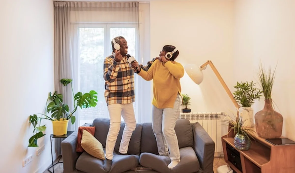 couple active listening home happy