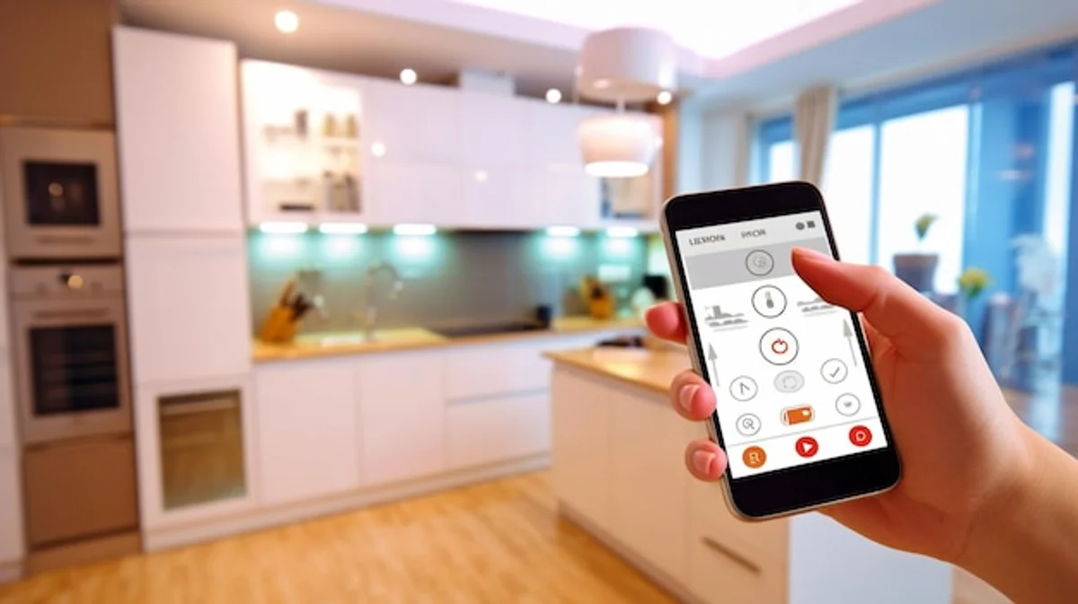 woman using smart home app kitchen germany