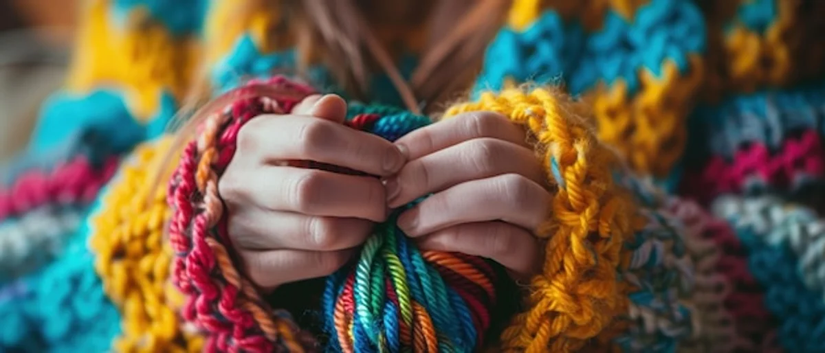 hands knitting colorful wool close up