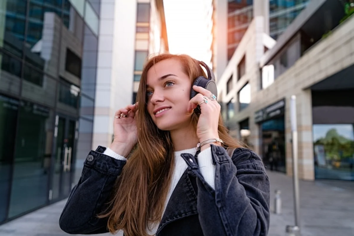 modern woman using bluetooth headphones in city street