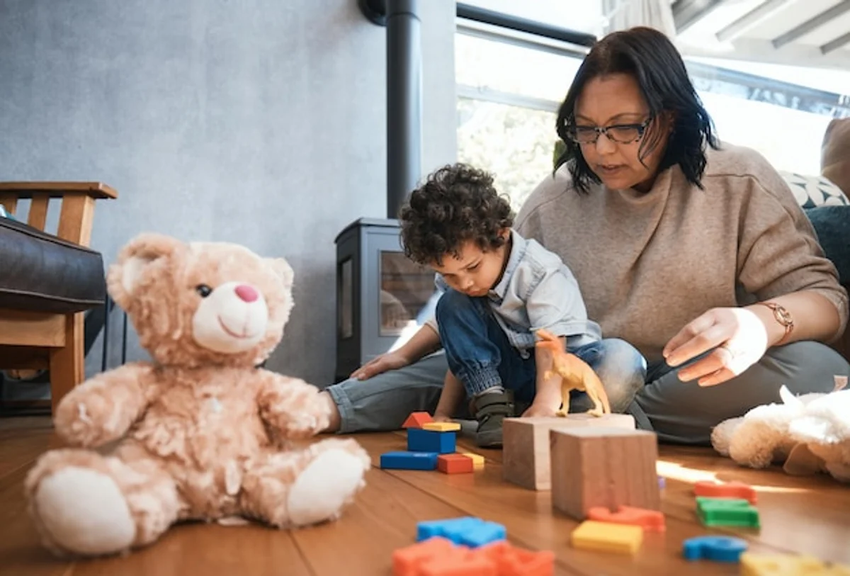 plush toy with children learning at home