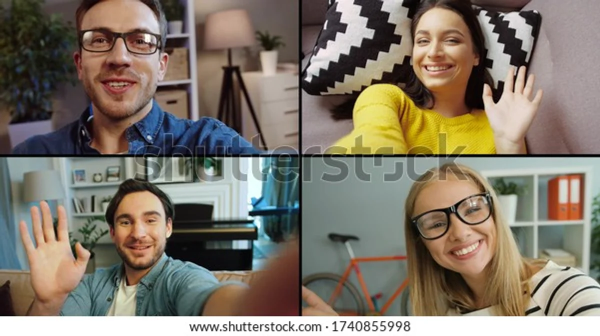 video call friends laughing, split screen, modern apartment, germany