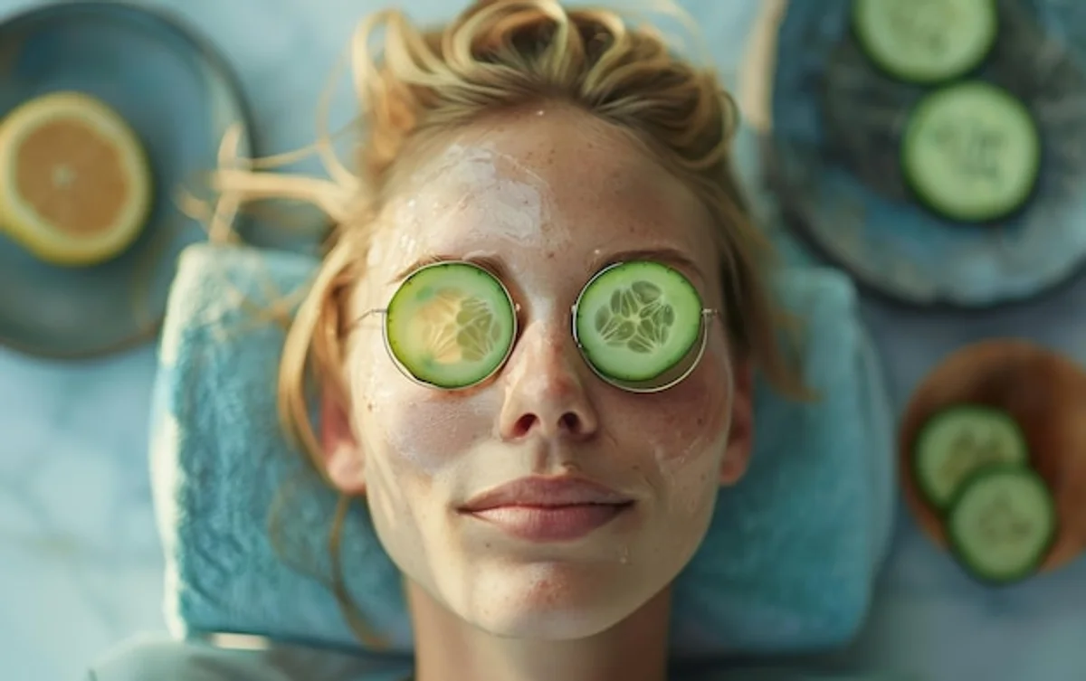 woman applying cucumber slices to skin selfcare morning light