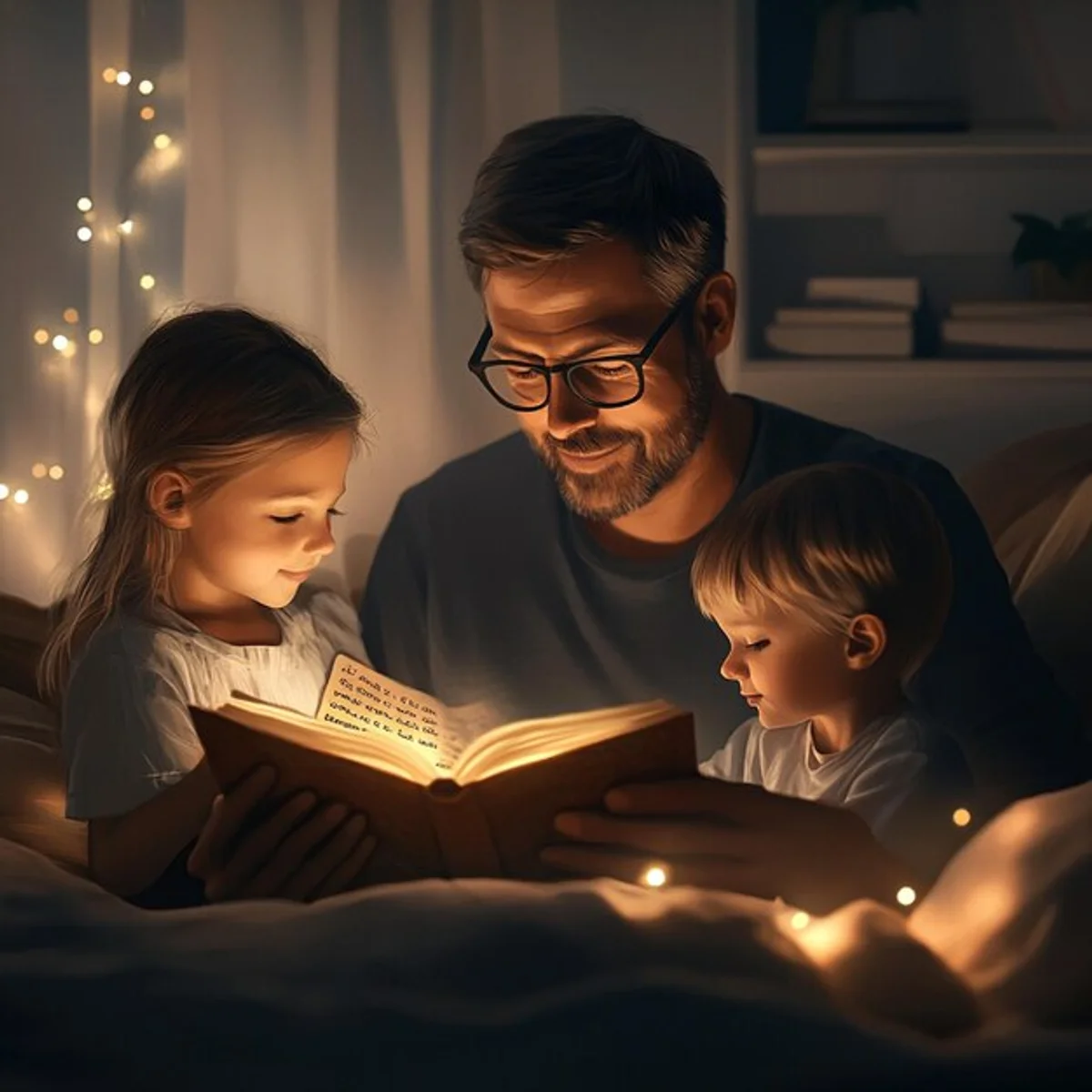 father reading bedtime story daughter soft light