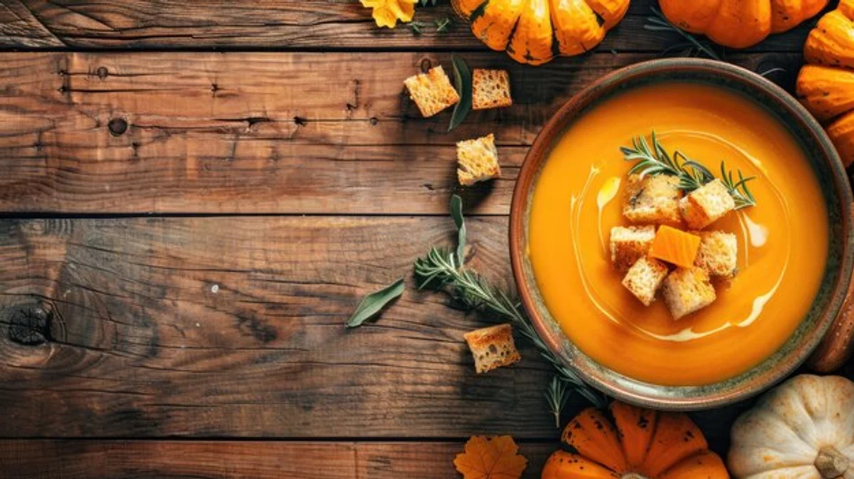 vegan creamy vegetable soup rustic wooden table