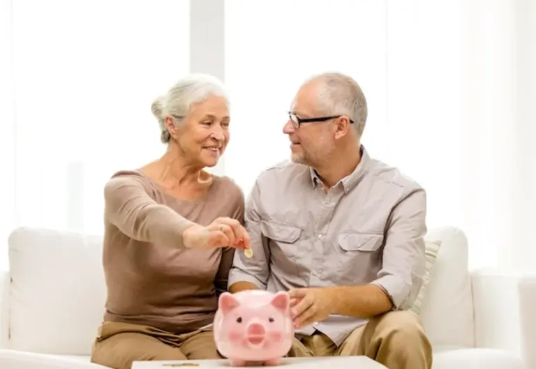 happy senior couple managing money at home