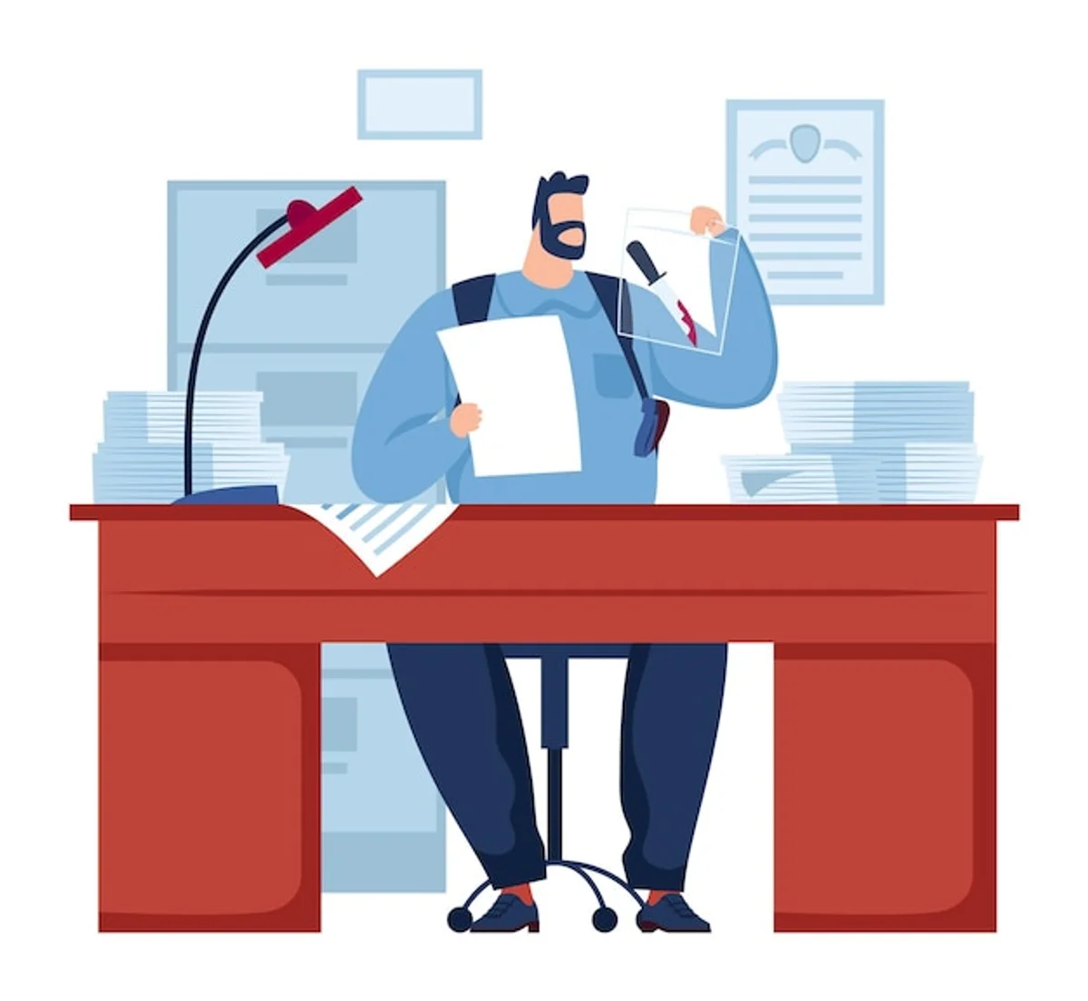 busy office desk with overwhelmed worker