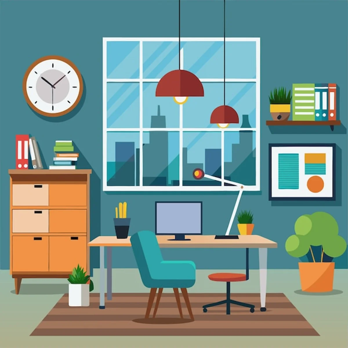 office feng shui workspace with green plants and blue accents