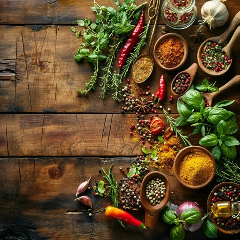 colourful spices and fresh herbs on wooden table