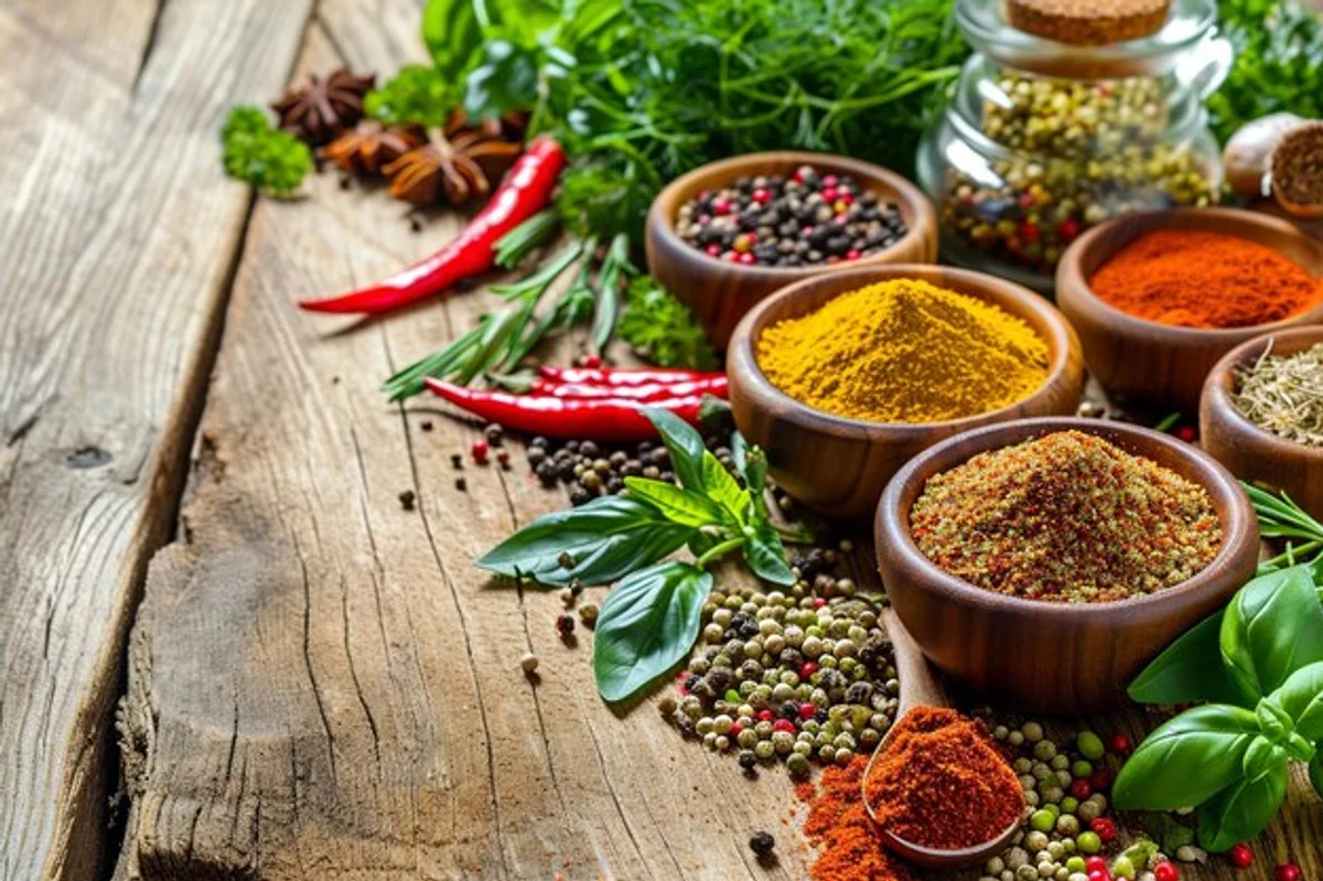 colourful spices and fresh herbs on wooden table
