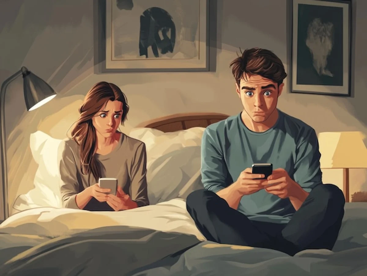 emotionally distant couple with smartphones in bed