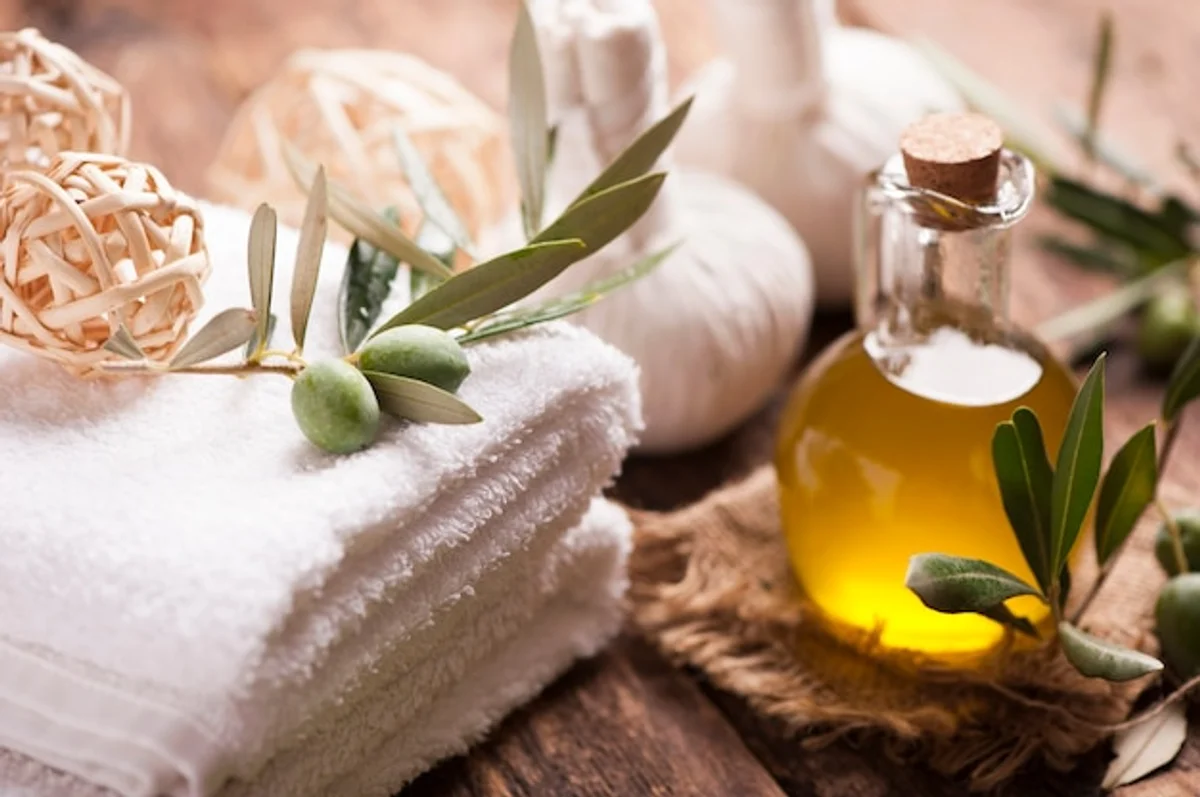 olive oil skincare routine woman bathroom