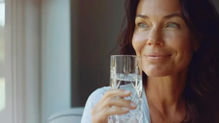 happy woman drinking water healthy skin lifestyle german