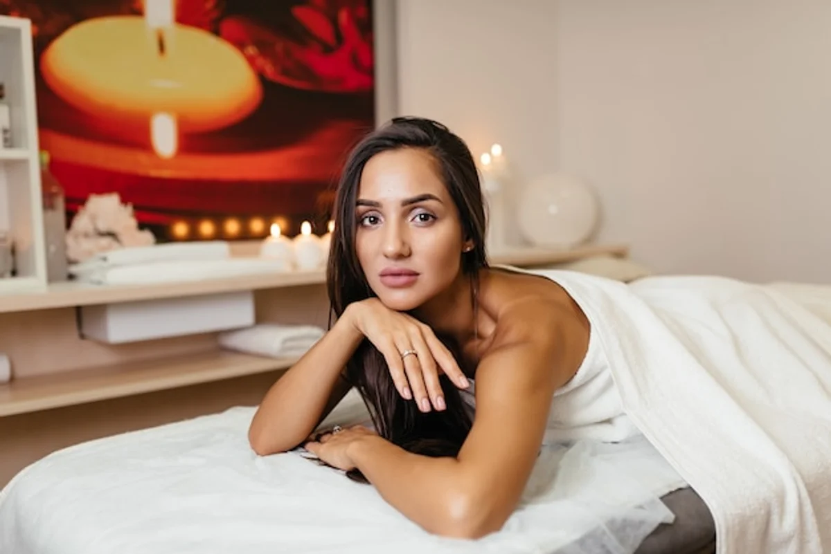 woman 40s healthy lifestyle skincare bedroom