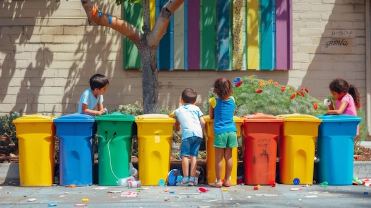German children learning recycling bins colors