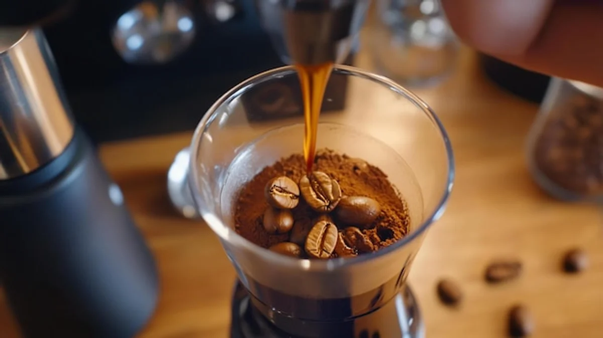 pouring hot water over coffee beans close up