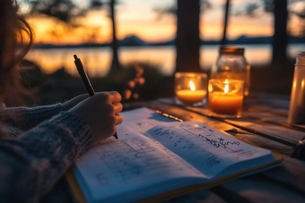 person reflecting with notebook at sunset