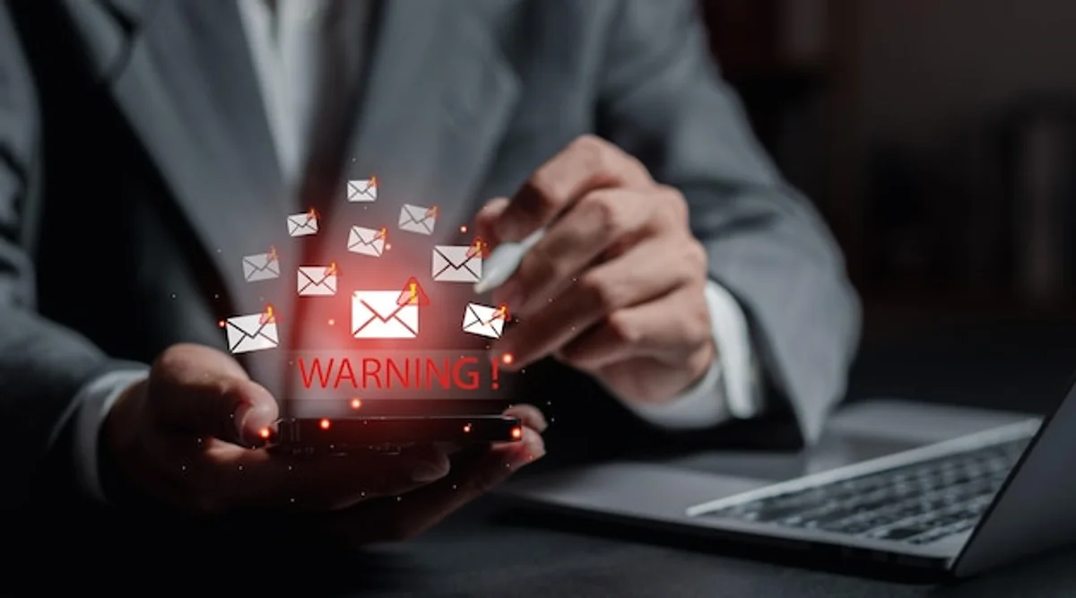 businessman receiving suspicious email phishing warning