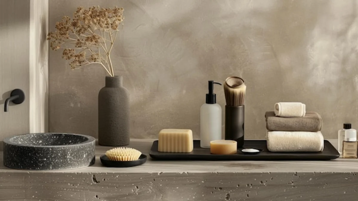 Olive oil bottles with spa accessories on bathroom counter