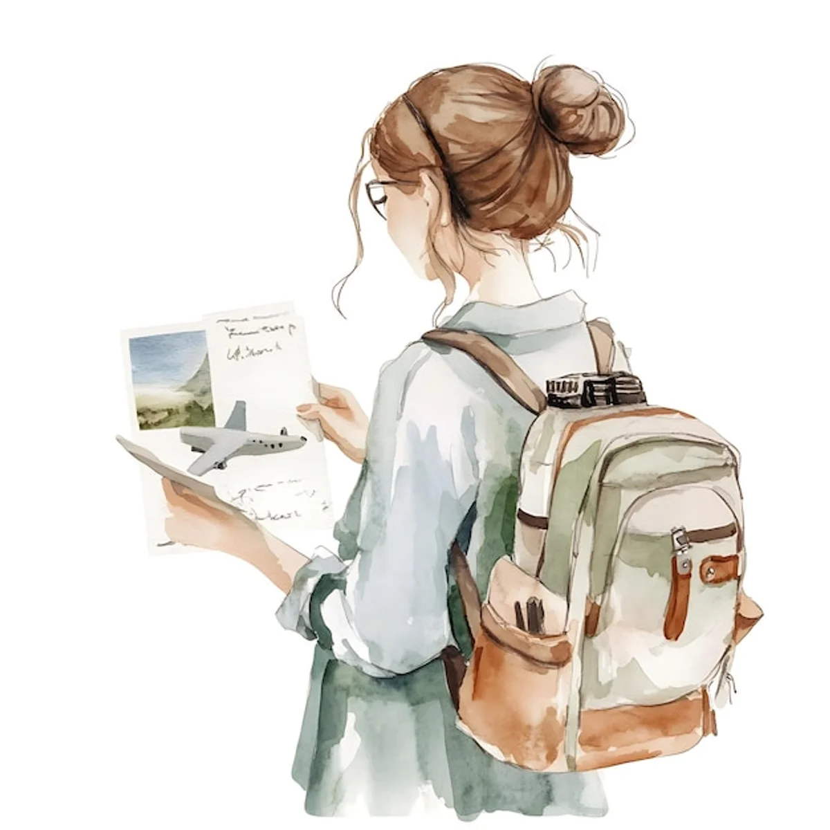 woman browsing old travel guides planning trip inspiration