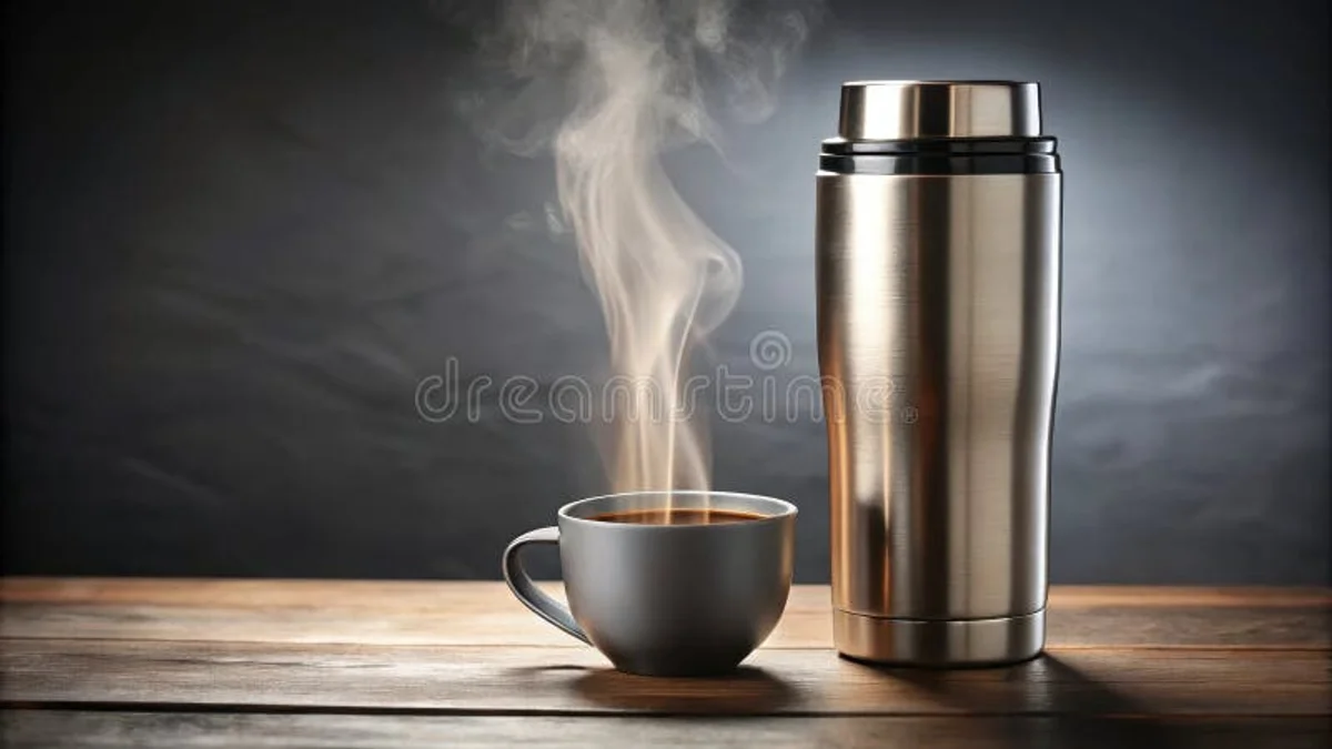 Homemade coffee in thermos with reusable cup and German office background