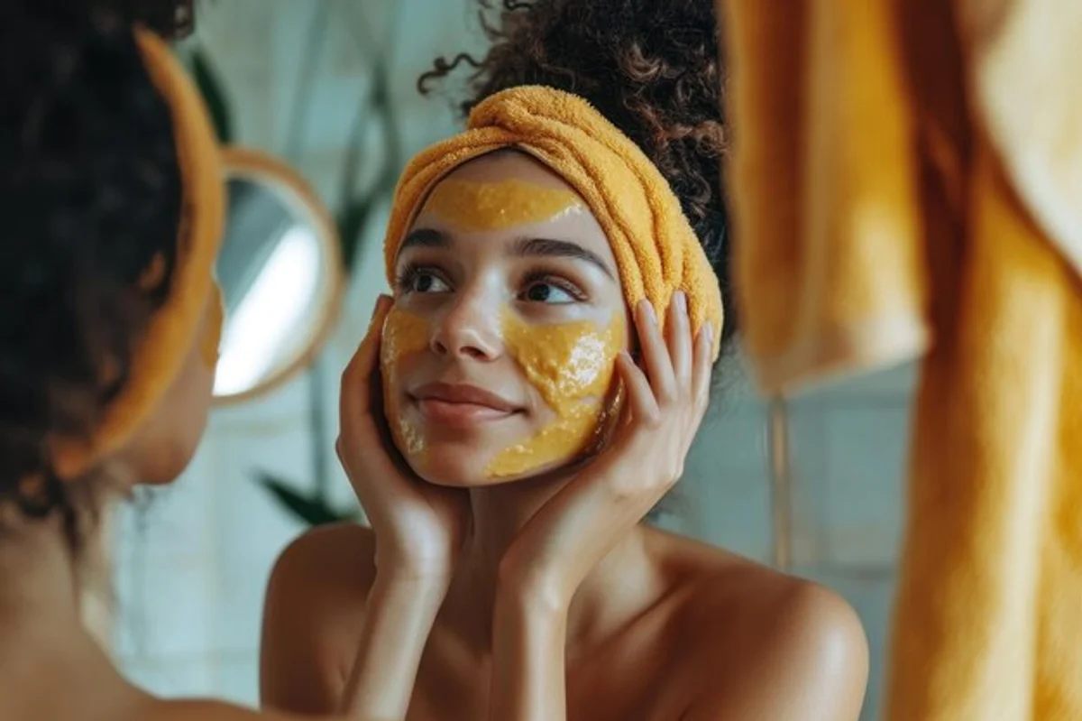 honey mask application natural skincare bathroom mirror