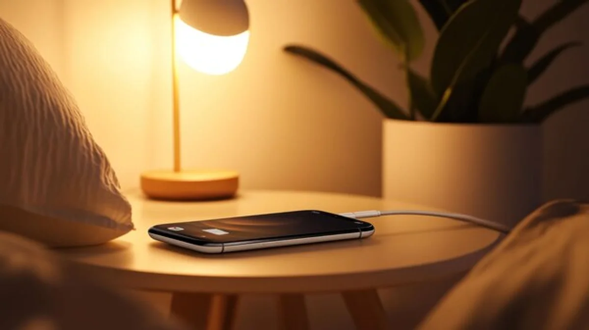 smartphone charging at night on bedside table
