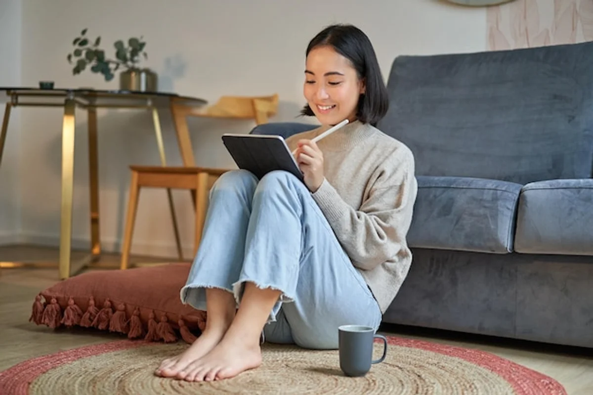 woman drawing on digital tablet sofa home cozy