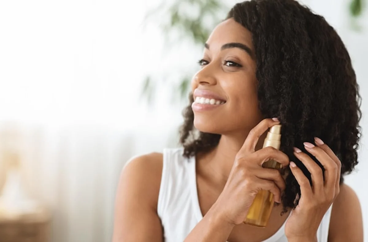 woman using natural hair oil at home