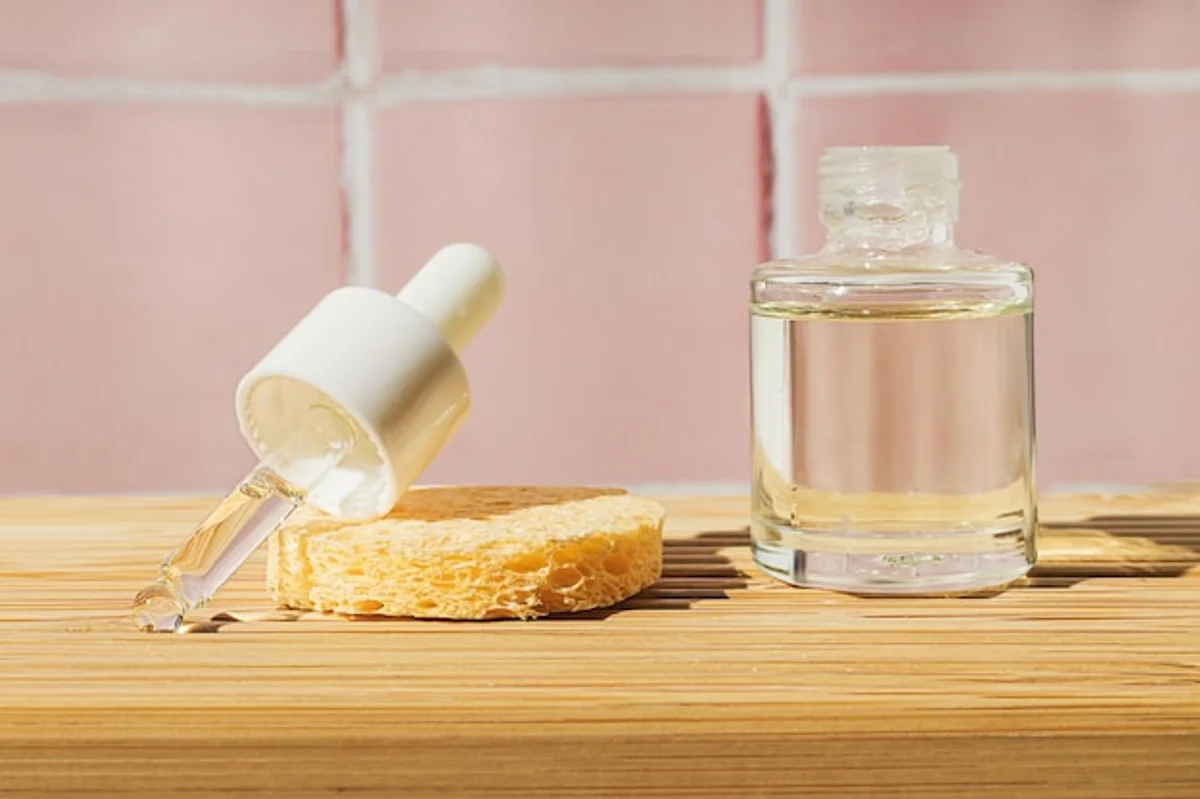 close up of natural oils for hair treatment on bathroom shelf