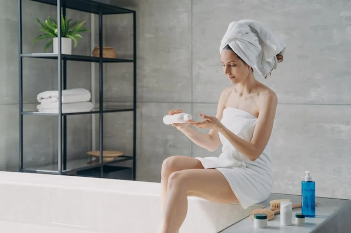woman applying moisturizer after shower minimalist bathroom