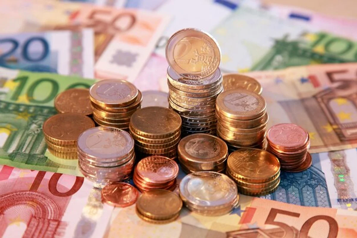 close up piggy bank growing money, german euro notes