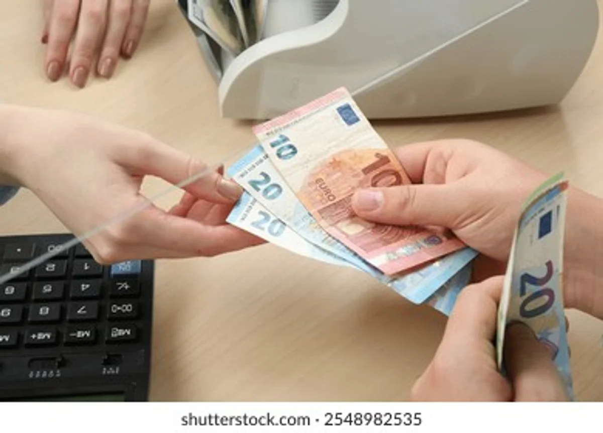 happy middle-aged couple planning finances, calculator, euro bills, germany