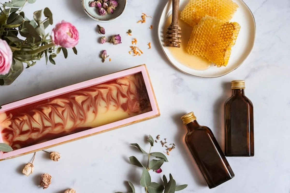 natural honey skincare flatlay