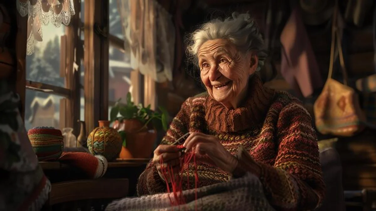 woman knitting scarf smiling cozy home