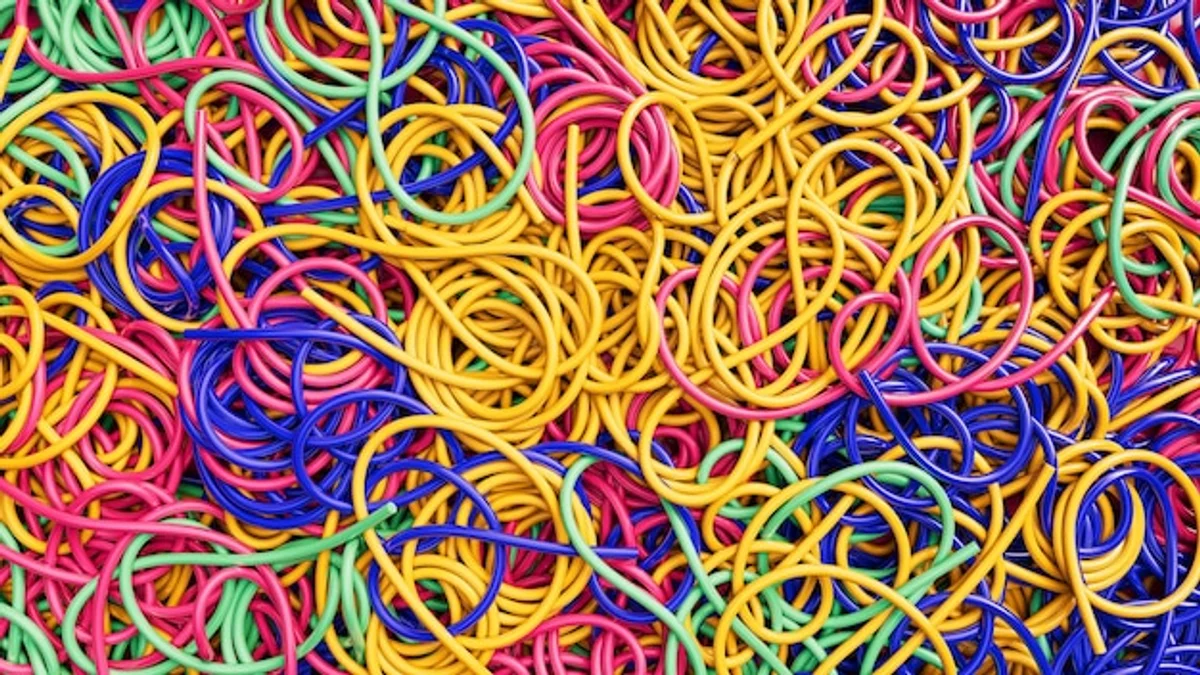 messy gadget cables tangle home office realistic
