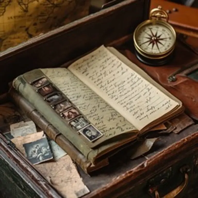 vintage travel guide book on wooden table, cozy nostalgia mood