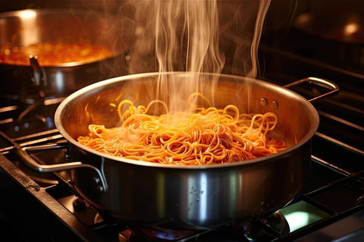 overhead shot pasta boiling in large pot with steam