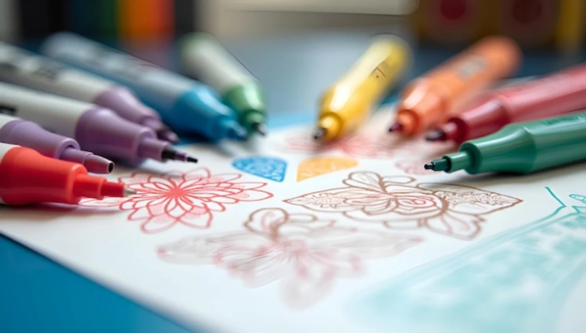 hand drawing with watercolor pencils, sketchbook on table