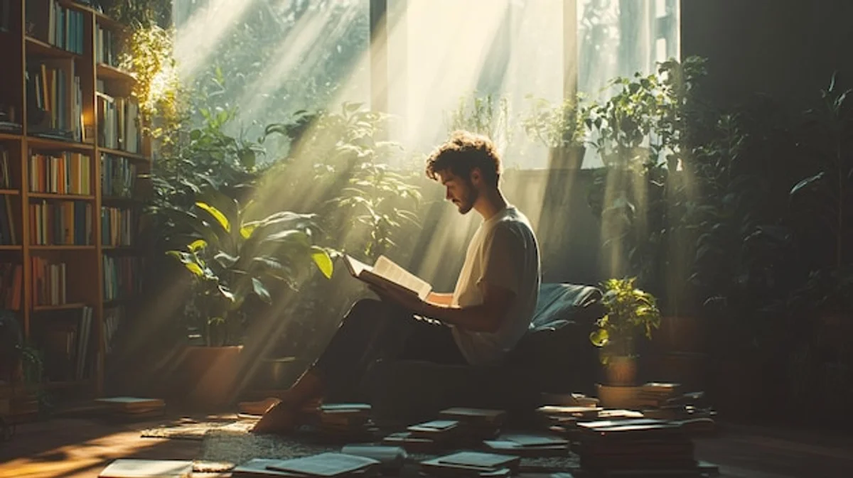 motivated business person reading book morning dew sunlight