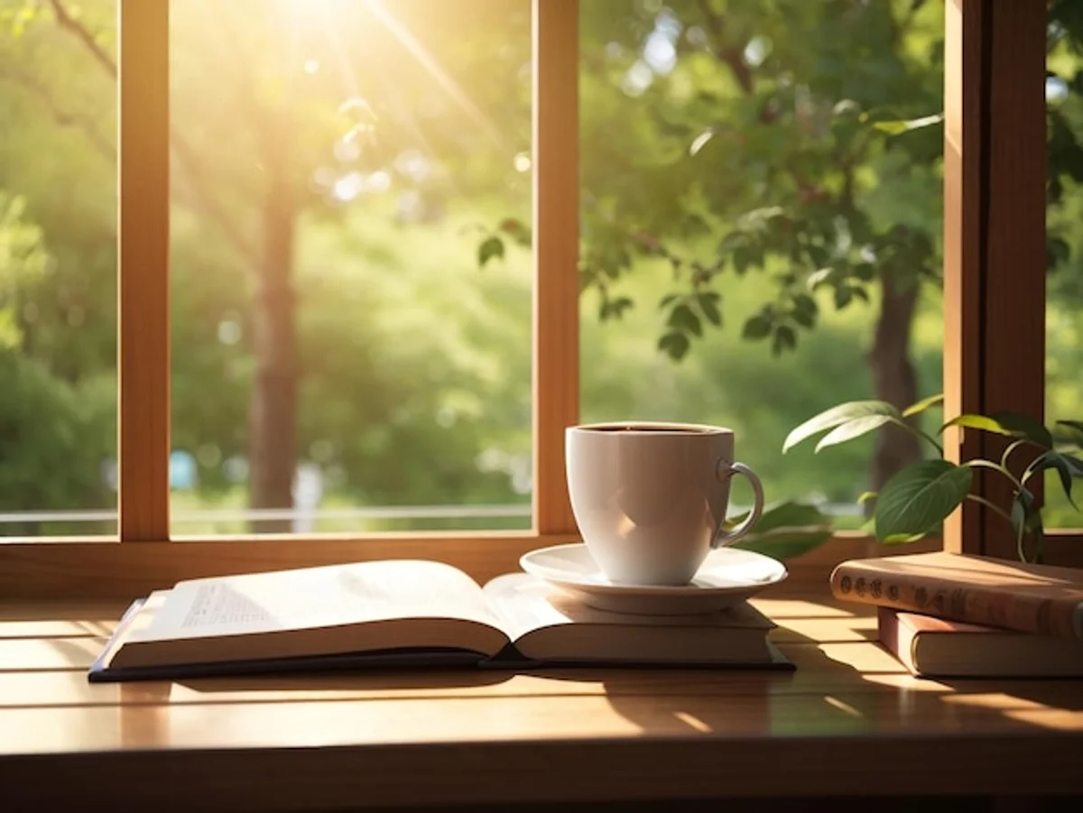 coffee and open book on office desk morning sun
