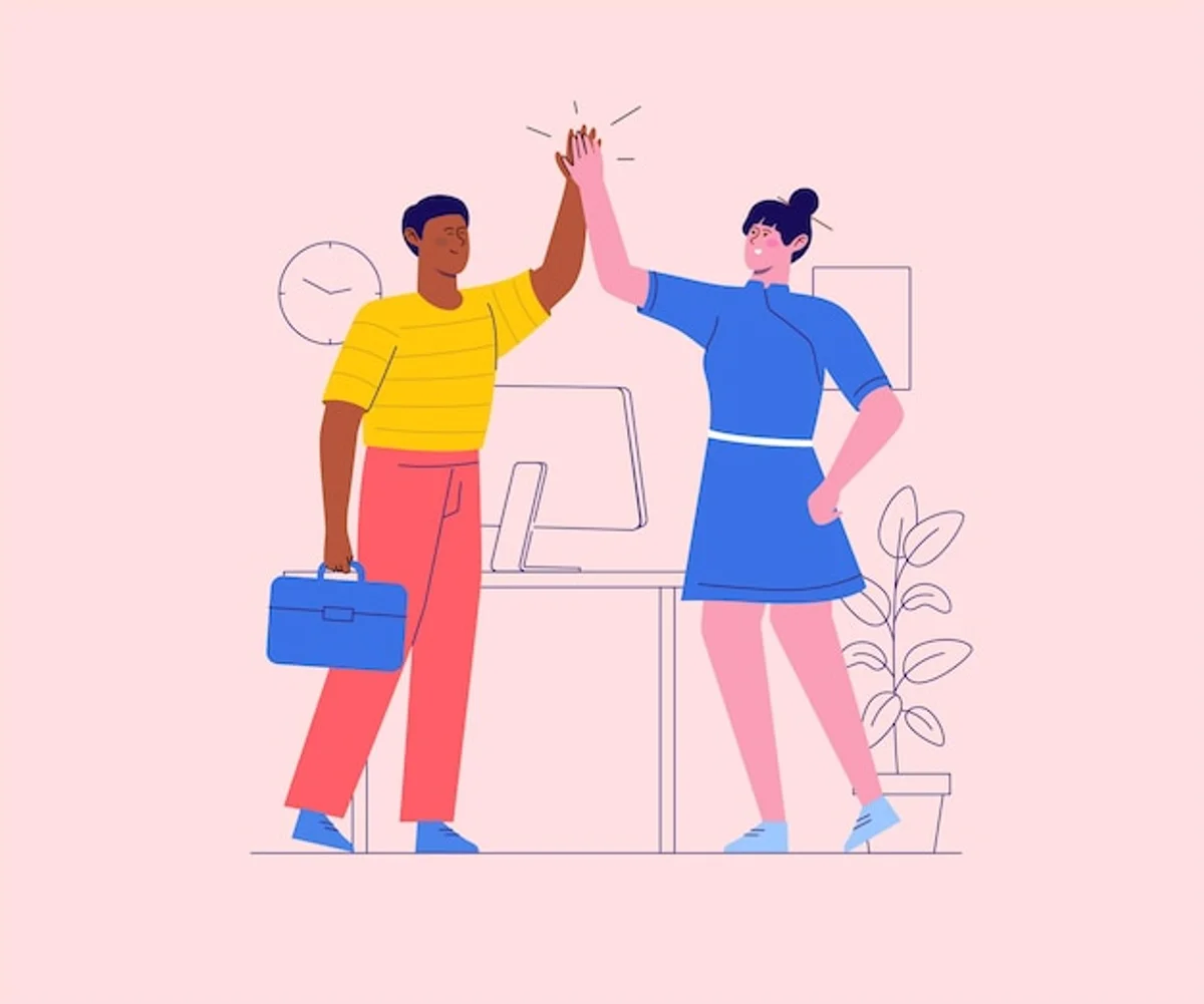 office colleagues exchanging sincere compliments positive atmosphere