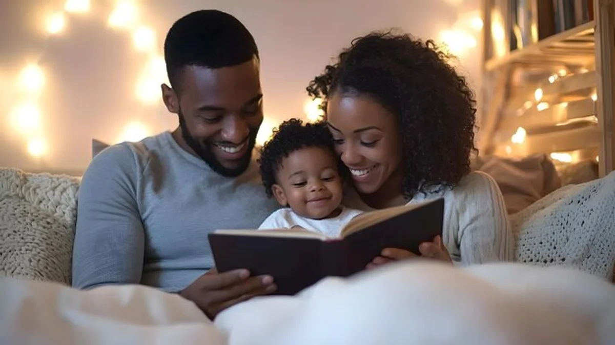 child reading bedtime story with parent cozy home