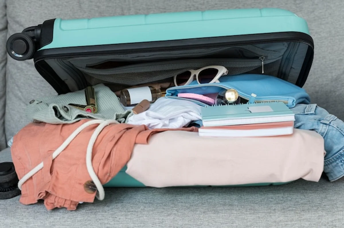 suitcase neatly packed with rolled clothes and travel accessories