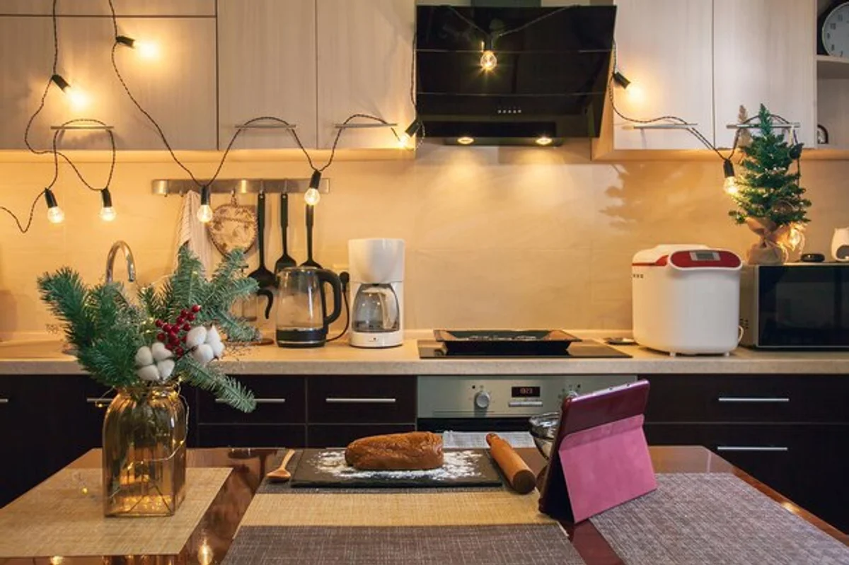 cozy smart kitchen with illuminated lighting evening