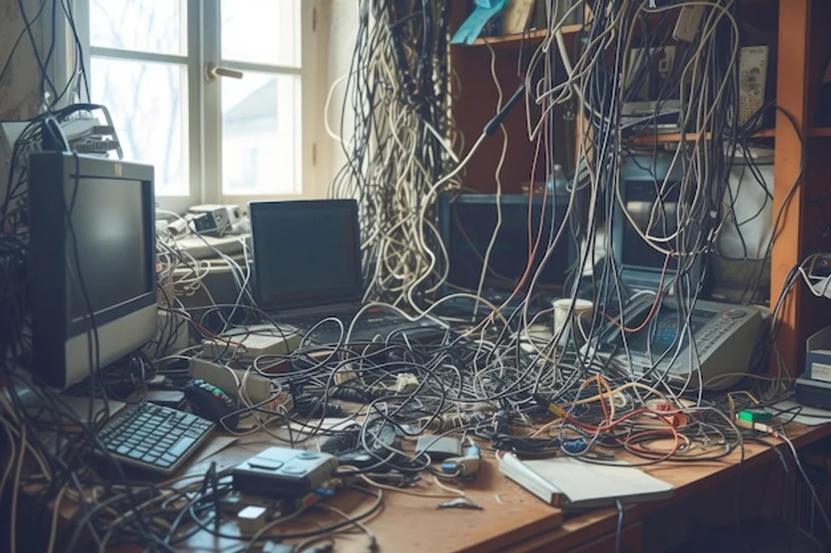neatly organized old cables on desk reuse ideas